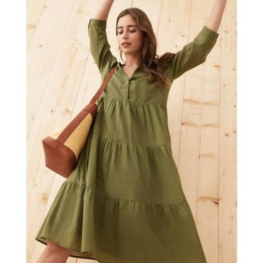 Jenni Kayne James Tiered Dress in Moss Green Small NWT Neutral Minimalist Linen